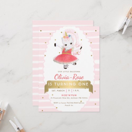 Cute Pink Ballerina Unicorn Gold Girl Birthday Invitation