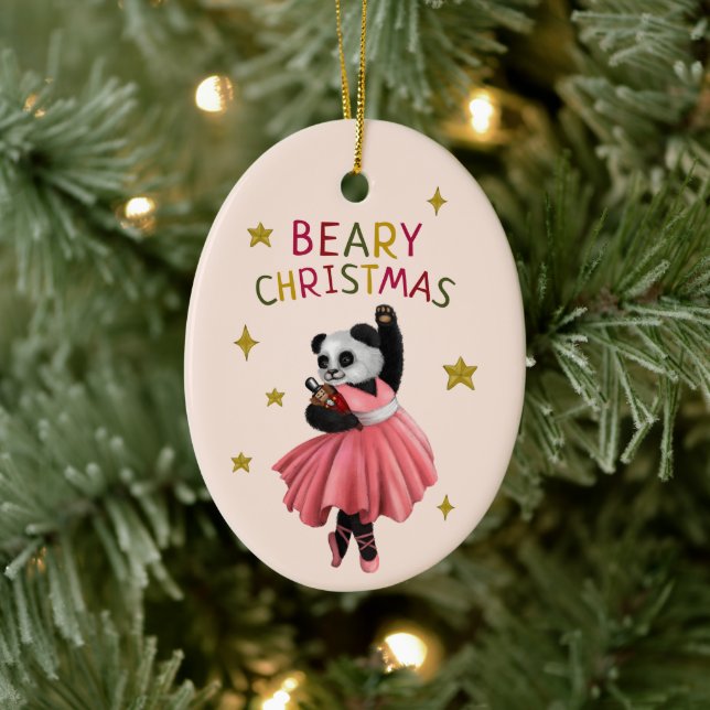Cute Pink Ballet Dancing Panda Beary Christmas Ceramic Ornament (Tree)