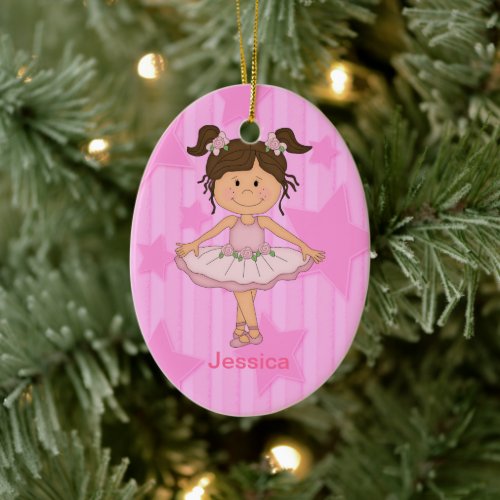 Cute Pink Ballet Girl On Stars and Stripes Ceramic Ornament