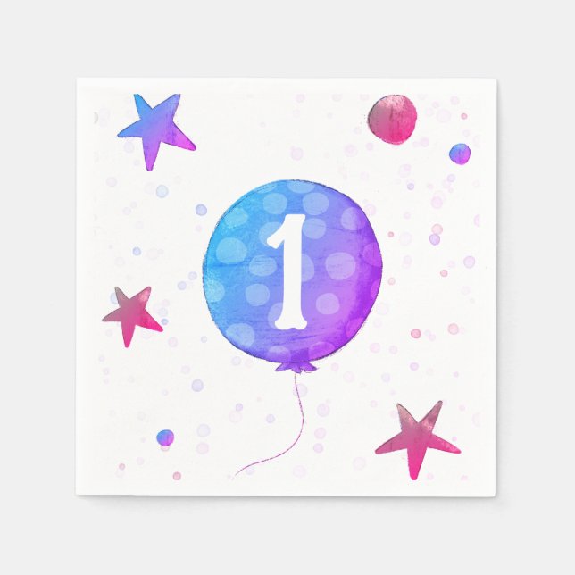 Cute Pink Balloon Girl 1st Birthday Party Napkins (Front)