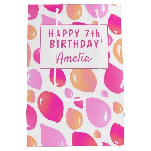 Cute Pink Balloon Girly Pattern Girls Birthday Medium Gift Bag