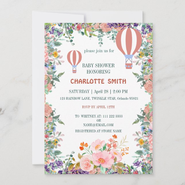 Cute pink balloon gradient flower baby shower invitation (Front)