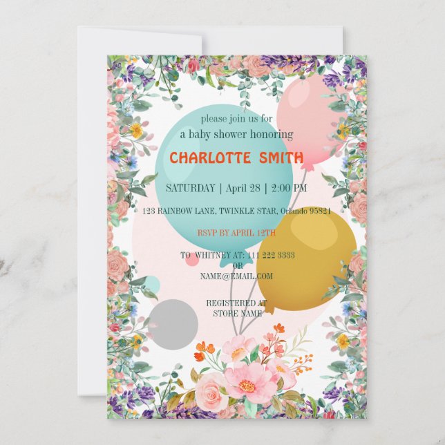 Cute pink balloon gradient flower baby shower invitation (Front)