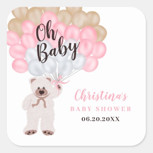 Cute pink balloon teddy bear girl baby shower square sticker