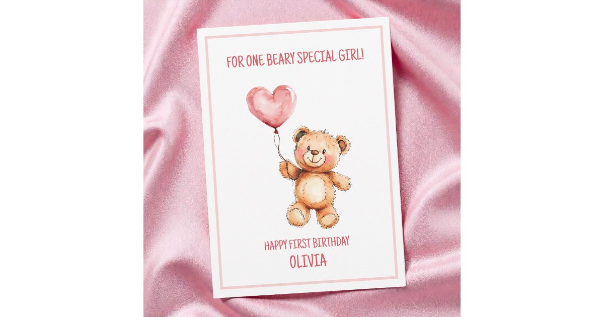 Cute Pink Balloon Teddy Bear Happy 1st Birthday Card | Zazzle