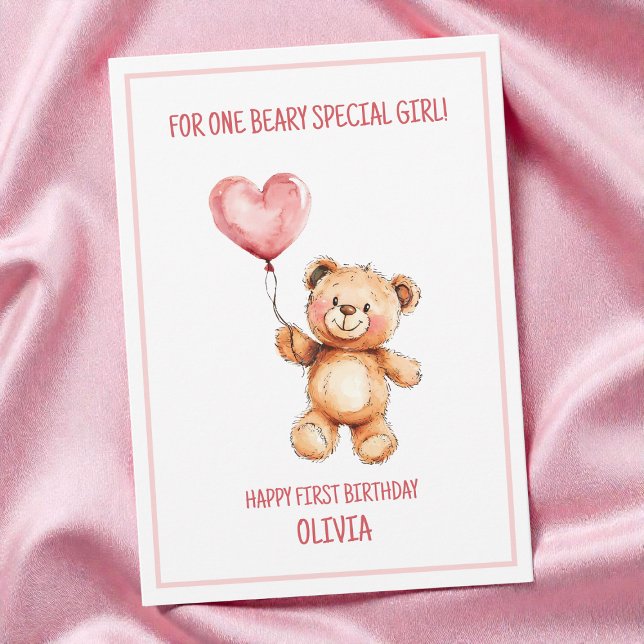 Cute Pink Balloon Teddy Bear Happy 1st Birthday Card (Cute Pink Balloon Teddy Bear Happy 1st Birthday Card)