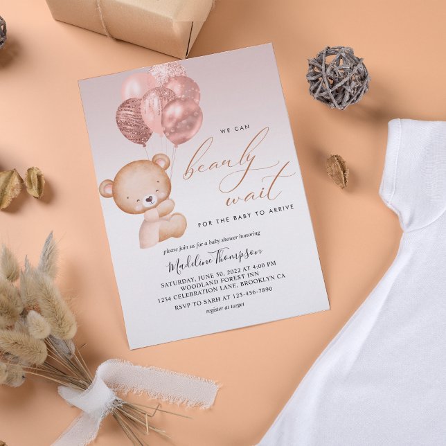 Cute Pink Balloon We Can Bearly Wait Baby Shower Invitation (Creator Uploaded)