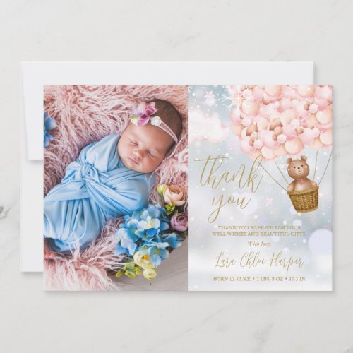 Cute Pink Balloons Bear Winter Baby Photo Thank You Card