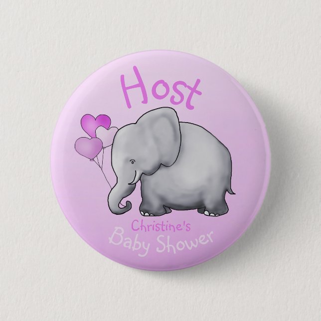 Cute Pink Balloons Elephant Baby Shower Host Button (Front)