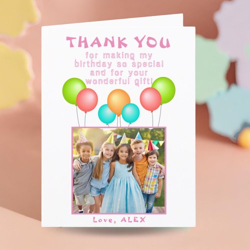 Cute Pink Balloons Kids Birthday Photo  Thank You Card
