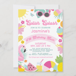 Cute Pink Banner Retro Splish Splash 5th Birthday Invitation