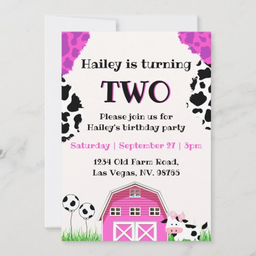Cute Pink Barnyard Cow print Custom Age Birthday Invitation