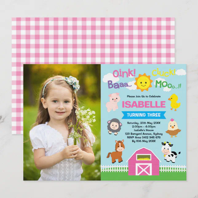 Cute Pink Barnyard Farm Animals 1st Birthday Photo Invitation | Zazzle