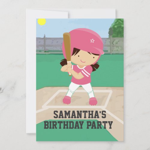 Cute Pink Baseball Girl Birthday Party Personalized Invitations