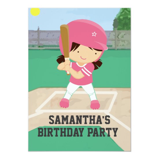 Cute Pink Baseball Girl Birthday Party Invitation
