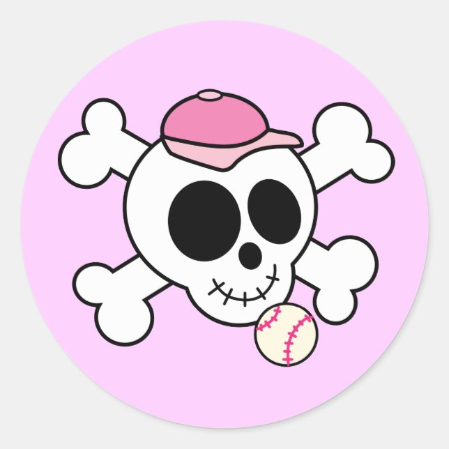 Cute Pink Baseball Skull and Crossbones Classic Round Sticker (Front)