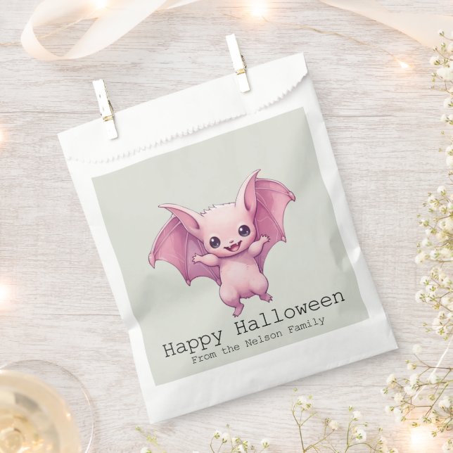 Cute Pink Bat Green Happy Halloween Favor Bag (Clipped)