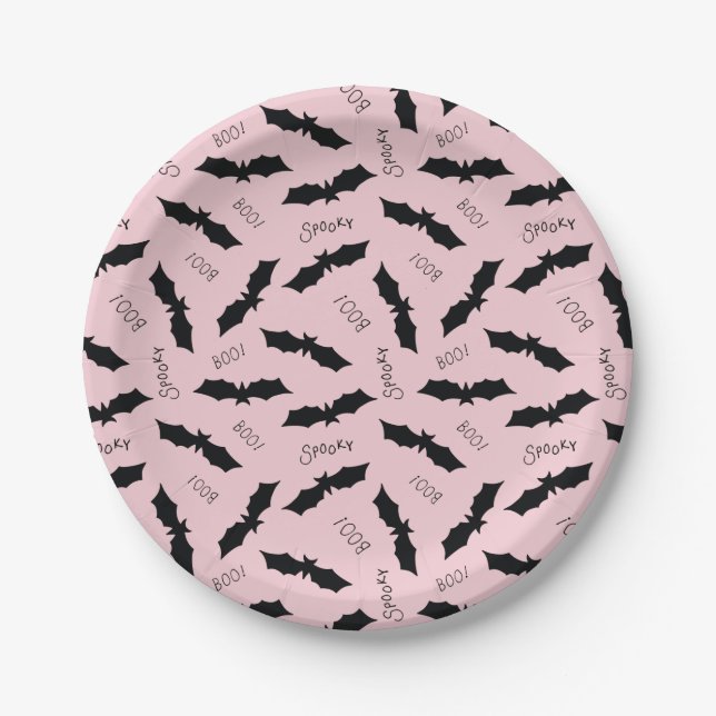Cute Pink Bats Halloween Party Paper Plates (Front)