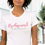 Cute Pink Beach Bachelorette Bridesmaid T-Shirt<br><div class="desc">Cute Pink Script Beach Bachelorette Bridesmaid T-Shirt. A cool watercolor coastal, nautical or beach theme with shades of pink and teal, setting the vibe for a beach escape with the bride and her besties. From trips to Florida, The Hamptons, California, or even something more international like Mexico, Hawaii or The...</div>