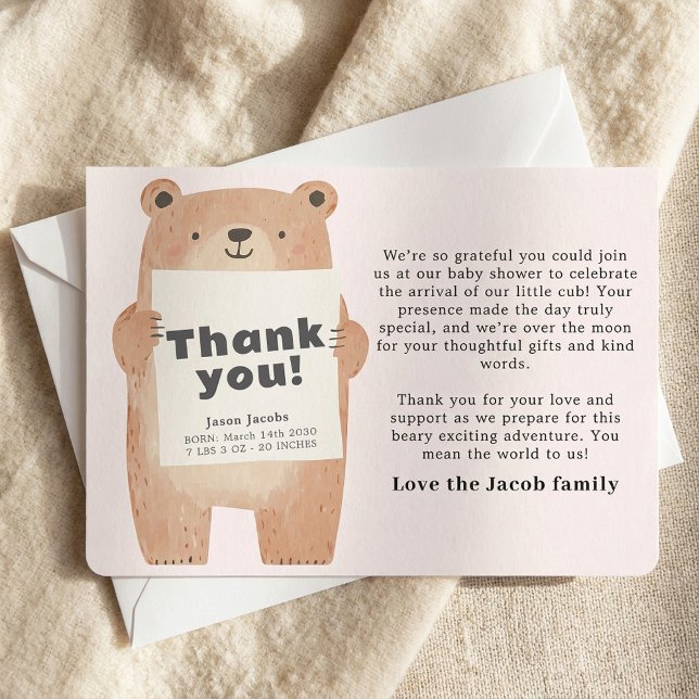 Cute pink Bear Baby Announcement Thank You (Cute pink Bear Baby Announcement Thank You.)