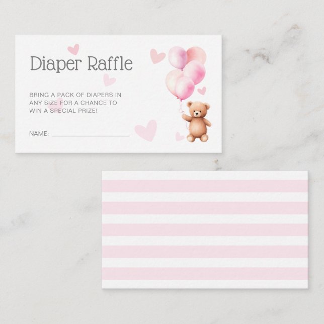 Cute Pink Bear Baby Shower Diaper Raffle Enclosure (Front/Back)