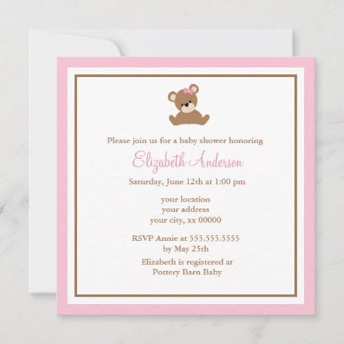 Cute Pink Bear Baby Shower Invitation