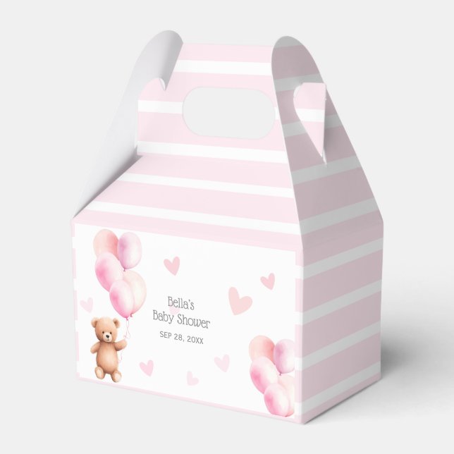 Cute Pink Bear Balloon Baby Shower Favor Boxes (Front Side)