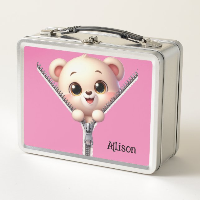 Cute Pink Bear Customizable Name  Metal Lunch Box (Front)