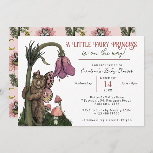 Cute Pink Bear Fairy Princess Girl Baby Shower Invitation