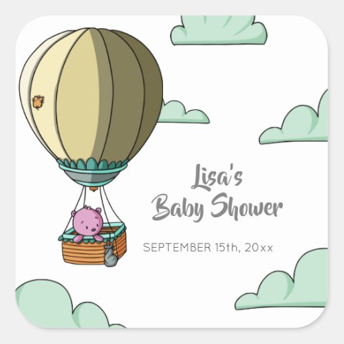 Cute Pink Bear Floating Away Baby Shower Favor Square Sticker