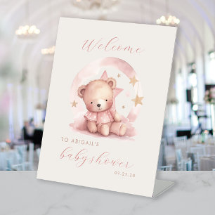 Cute Pink Bear Girls Baby Shower Welcome Pedestal Sign