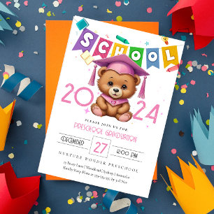 Cute pink bear Kindergarten Graduation Invitation