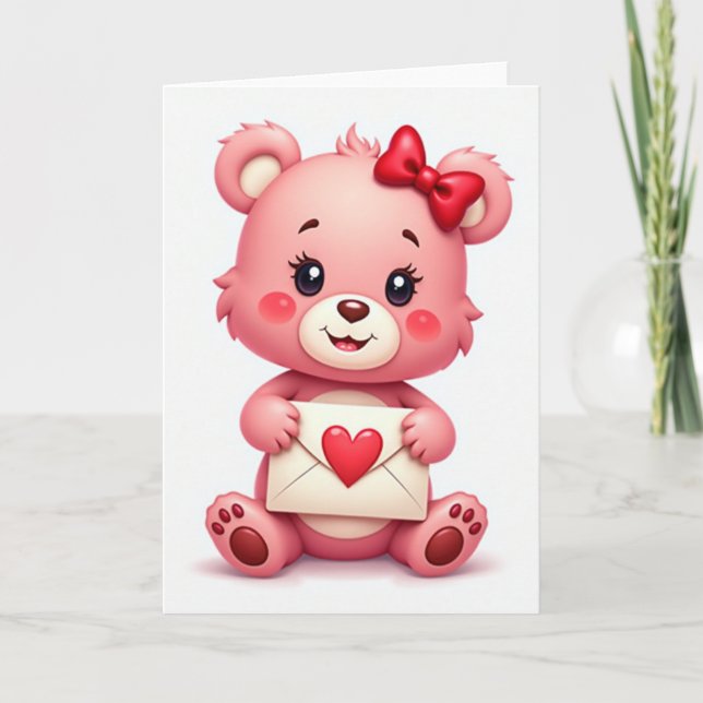 Cute Pink Bear Love Note Card (Front)