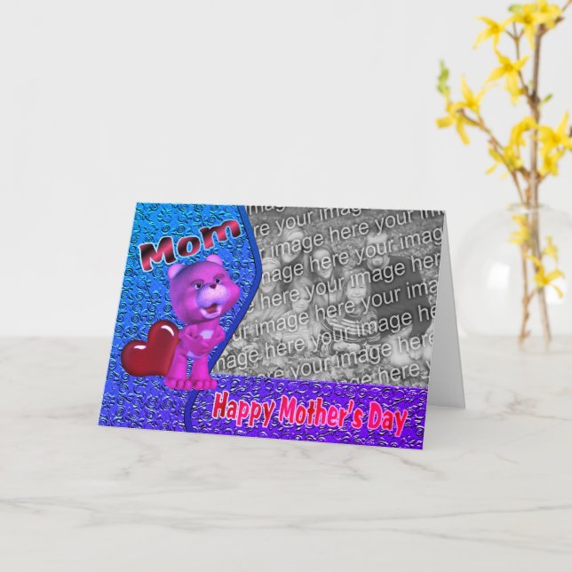 Cute Pink Bear Mother's Day Photo Card (Yellow Flower)