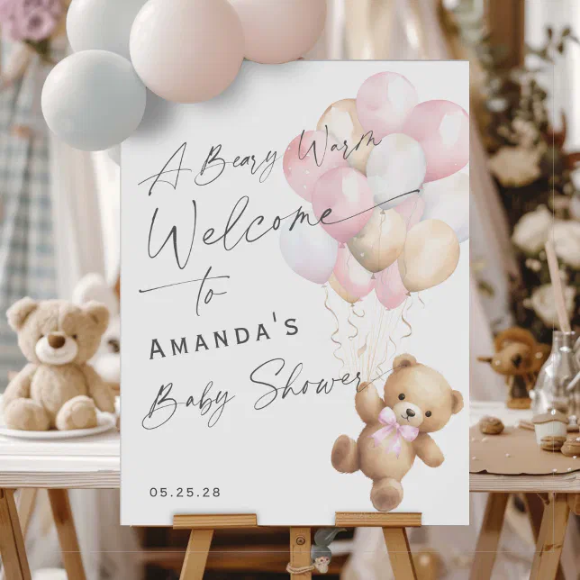 Cute Pink Bearly Wait Baby Girl Shower Welcome Poster | Zazzle