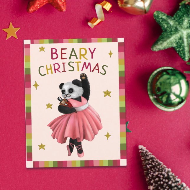 Cute Pink Beary Christmas Ballet Dancing Panda  Holiday Card (Creator Uploaded)