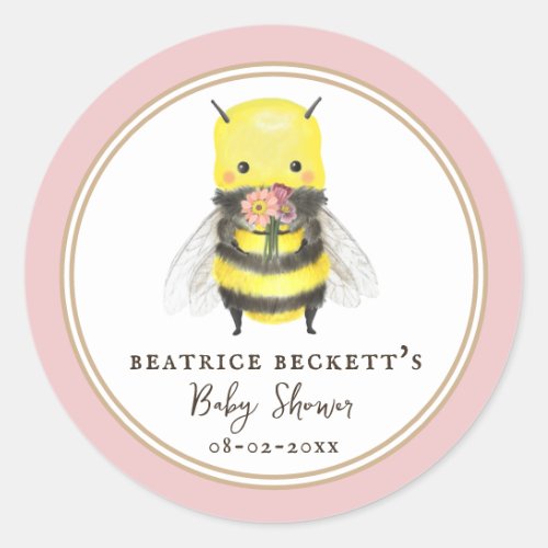 Cute Pink Bee and Wildflower Baby Shower Sticker