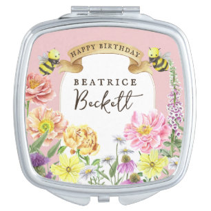 Cute Pink Bee and Wildflower Birthday Keepsake Compact Mirror