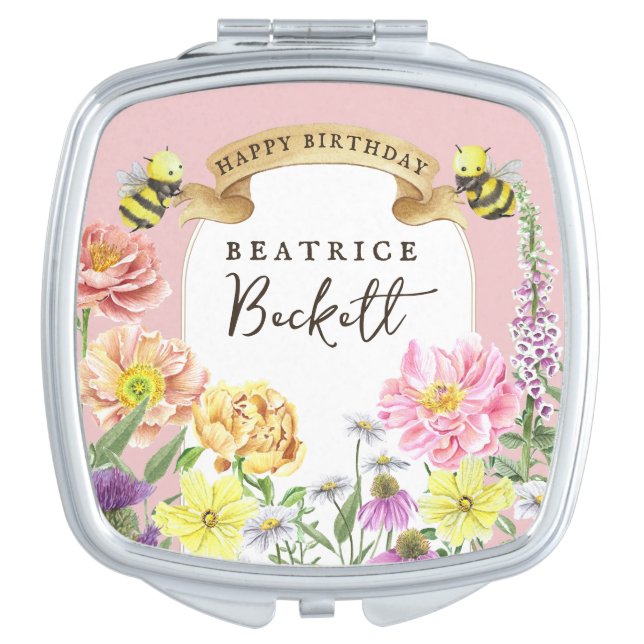 Cute Pink Bee and Wildflower Birthday Keepsake Compact Mirror (Front)