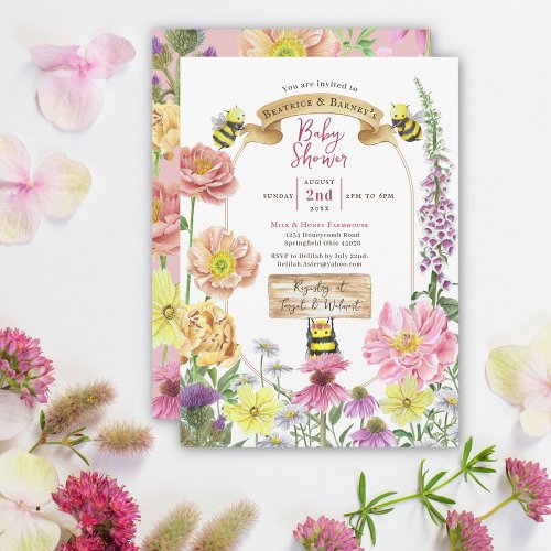 Cute Pink Bee and Wildflower Coed Baby Shower  Invitation