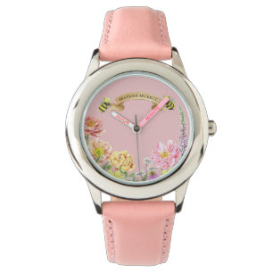 Cute Pink Bee and Wildflower Girl's Birthday Watch