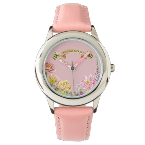 Cute Pink Bee and Wildflower Girls Birthday Watch