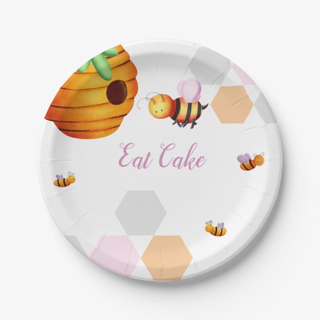 Cute Pink Bee Baby Shower Paper Plates (Front)