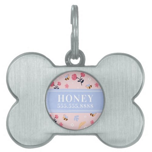 Cute Pink Bee Floral Name Monogram Framed  Pet ID Tag