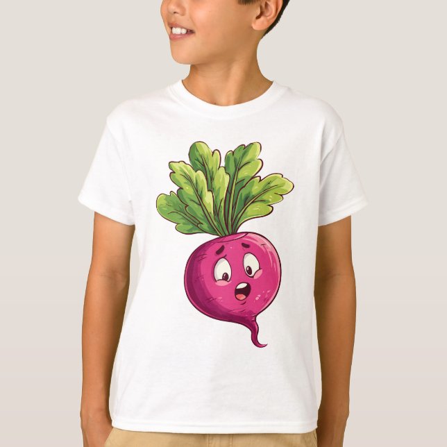 Cute Pink Beet Cartoon with Funny Expression T-Shirt (Front)
