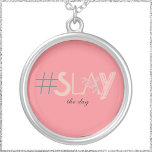 Cute Pink & Beige SLAY the Day Silver Plated Necklace<br><div class="desc">Decorative #SLAY design with mixed typography.</div>