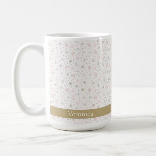 Cute Pink  Beige Snowflake Pattern Christmas Name Coffee Mug