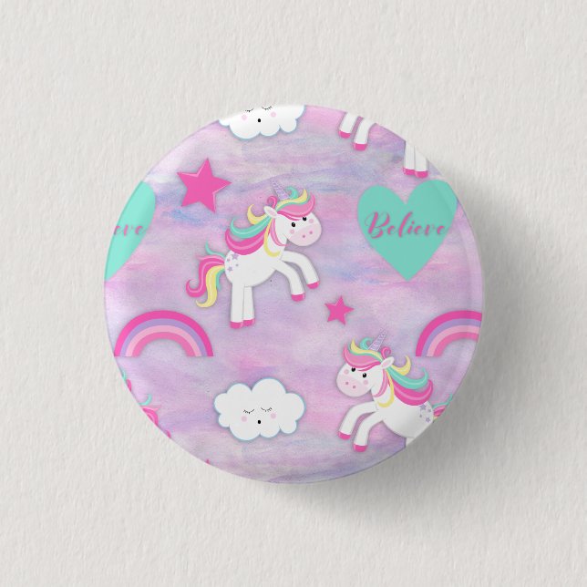 Cute Pink Believe in Unicorns Button (Front)