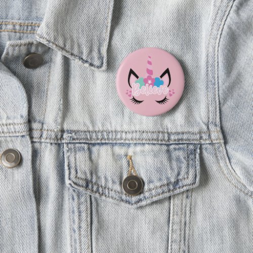 Cute Pink Believe in Unicorns Magical Floral   Button
