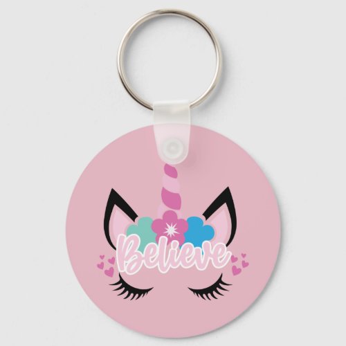 Cute Pink Believe in Unicorns Magical Floral  Keychain